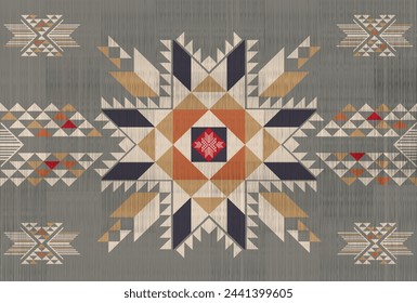 Patrón navajo.Forma cuadrada sobre fondo gris.Forma geométrica.Patrón marrón.Patrón en zigzag.Sin costuras.Forma triangular.Diseño digital.Ilustración.Línea.Diseño para falda.Ropa.Alfombra.Impresión. Tejido 