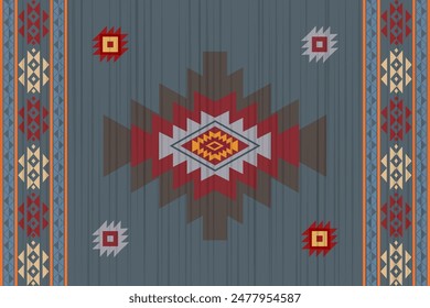 Patrón navajo.Forma cuadrada sobre fondo gris.Forma geométrica.Patrón en zigzag.Sin costuras.Forma triangular.Diseño digital.Ilustración.Línea.Diseño para falda.Ropa.Alfombra.Impresión. Tejido