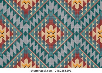 Patrón navajo.Forma cuadrada sobre fondo gris.Forma geométrica.Patrón marrón.Patrón en zigzag.Sin costuras.Forma triangular.Diseño digital.Ilustración.Línea.Diseño para falda.Ropa.Alfombra.Impresión. Tejido