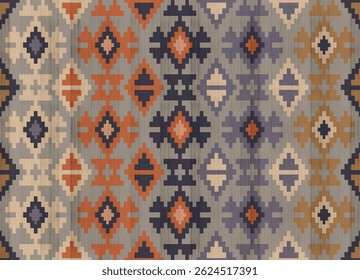 Motif Navajo.Forme carrée sur fond gris.Forme géométrique.Motif marron.Motif zigzag.Forme harmonieuse.Forme triangulaire.Design numérique.Illustration.Line.Design pour jupe.Vêtements.Carpet.Printing. Tricotage