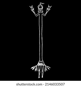 Navajo sand painting. Native American art. Stylized human figure. Indigenous spirit or goddess. Hand drawn linear doodle rough sketch. White silhouette on black background.
