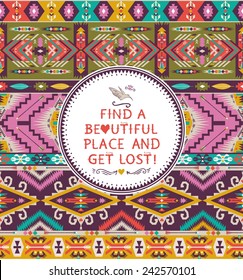 Navajo seamless tribal pattern with quotes on labels