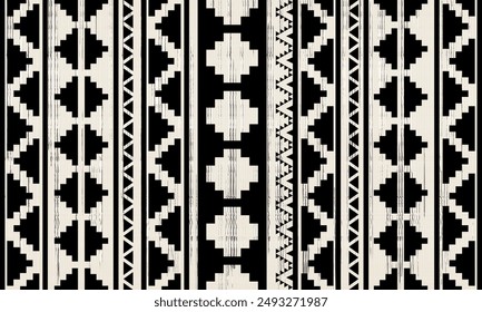 Navajo tribal black seamless pattern. Native American ornament. Ethnic South Western decor style. Boho geometric ornament. Vector seamless pattern. Mexican blanket, rug. Woven carpet illustration