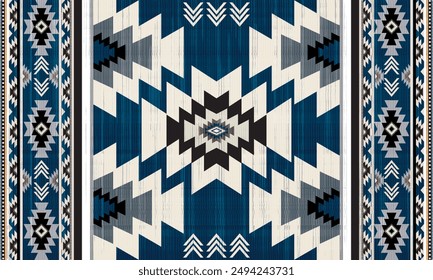 Patrón sin fisuras azul tribal navajo. Adorno nativo americano. Estilo étnico de decoración suroccidental. Adorno geométrico boho. Vector sin patrón. Manta mexicana, alfombra. Ilustración de alfombra tejida