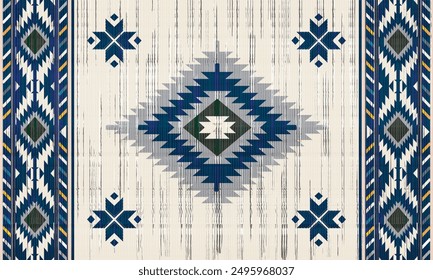 Navajo tribal blue seamless pattern. Native American ornament. Ethnic South Western decor style. Boho geometric ornament. Vector seamless pattern. Mexican blanket, rug. Woven carpet illustration