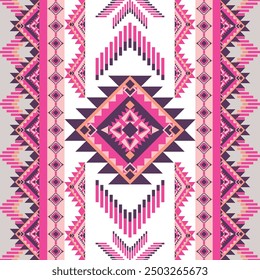 Navajo tribal. Geometric ethnic seamless pattern. Native American ornament. Mexican blanket, Design for carpet, wallpaper, clothing, fabric, textile. pink purple gray background. Pastel color.