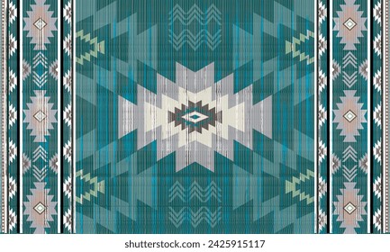 Navajo tribal vector verde sin patrón. Adorno nativo americano. Estilo étnico de decoración suroccidental. Adorno geométrico boho. patrón. Manta mexicana, alfombra. Ilustración de alfombra tejida	
