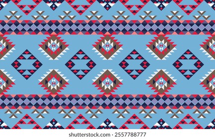 Navajo tribal pattern with bold blue and red accents. Navajo American native seamless design for scarf kerchief shirt fabric tablecloth pillow carpet rug phones cases clothing textile fabric print.