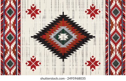 Patrón sin fisuras rojo tribal navajo. Adorno nativo americano. Estilo étnico de decoración suroccidental. Adorno geométrico boho. Vector sin patrón. Manta mexicana, alfombra. Ilustración de alfombra tejida