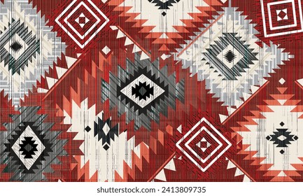 Patrón de acero inoxidable del vector rojo de la tribu navajo. Ornamento nativo americano. Decoración de estilo étnico suroeste. Ornamento geométrico Boho. manta, alfombra. Alfombra tejida