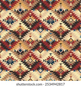 Padrão tribal navajo sem emenda. Étnica geométrica. Projeto do sudoeste dos Estados Unidos. Tom colorido aquecedor. Design para tapete tecido, papel de parede, ilustração, fundo, roupas, decoração, têxtil, w