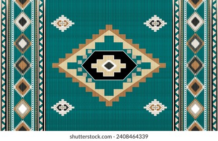 Navajo tribal vector green seamless pattern. Native American ornament. Ethnic South Western decor style. Boho geometric ornament. blanket, rug. Woven carpet