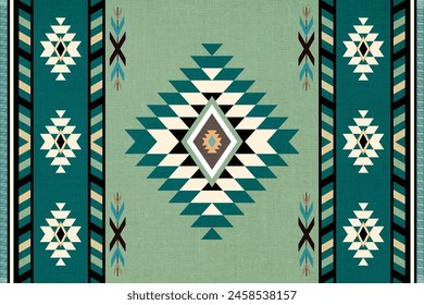 Navajo tribal vector Green seamless pattern. Native American ornament. Ethnic South Western decor style. Boho geometric ornament. Mexican blanket, rug. Woven carpet illustration