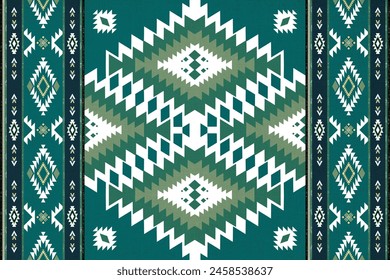 Navajo tribal vector Green seamless pattern. Native American ornament. Ethnic South Western decor style. Boho geometric ornament. Mexican blanket, rug. Woven carpet illustration