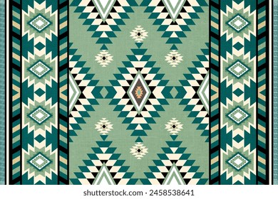 Navajo tribal vector Green seamless pattern. Native American ornament. Ethnic South Western decor style. Boho geometric ornament. Mexican blanket, rug. Woven carpet illustration