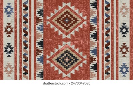 Patrón de Vector tribal navajo. Adorno nativo americano. Estilo étnico de decoración suroccidental. Boho ornamento geométrico.Ikat floral paisley manta de bordado, alfombra. Alfombra tejida