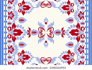 Padrão de vetor tribal navajo. Ornamento nativo americano. Estilo de decoração étnica do sudoeste.
Ornamento geométrico boho. Ikat floral paisley bordado cobertor, tapete. Tapete tecido