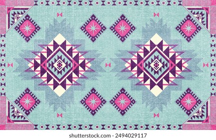 Navajo tribal vector Pink Blue seamless pattern. Native American ornament. Ethnic South Western decor style. Boho geometric ornament. blanket, rug. Woven carpet