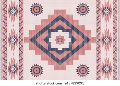 Navajo Stammes-Vektorgrafik rosa plue nahtlose Muster. In: Native American Ornament. Ethnischer südwestlicher Dekorstil. Boho geometrisches Ornament. Decke, Teppich. gewebter Teppich