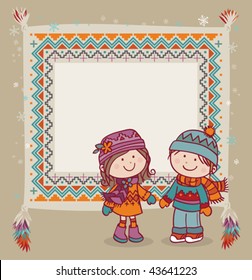 Navajo Winter Frame. Vector Illustration Of A Native American Style Frame, Imitating A Blanket, With 2 Kids In Front Of It Wearing Winter Clothes. Kids And Blanket Are In Different Layers.