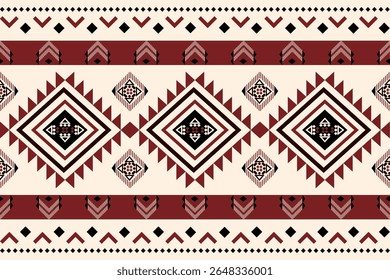 Navajo-inspired southwest seamless pattern with Native American and Aztec ethnic diamond motifs in burgundy and cream tones, perfect for textiles, rustic decor, or tribal fashion themes.