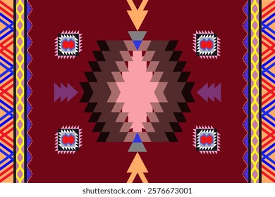 Navajo-inspired tribal seamless vector pattern featuring Native American ornaments. Ethnic Southwestern decor style with boho geometric motifs, perfect for blankets, rugs, woven carpets, and etc.