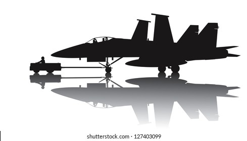 Naval aircraft transporting. Vector silhouette with reflection