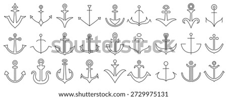 Naval anchor icons. Maritime logo or insignia in vintage style. Simple vector anchors outline and silhouette for tattoo, stamp or business graphic, symbolizing stability and travel by sea or navy.