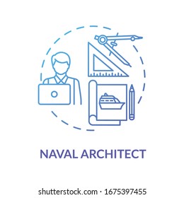 Naval architect blue concept icon. Professional maritime worker. Designing ship. Boat project. Marine engineer idea thin line illustration. Vector isolated outline RGB color drawing