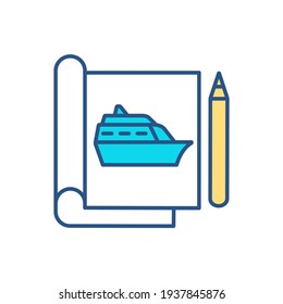 Naval Architecture RGB Color Icon. Shipbuilding Technology. Naval Engineering. Marine Vessels And Structures Design Process. Floating Vessels Maintenance, Repairing. Isolated Vector Illustration