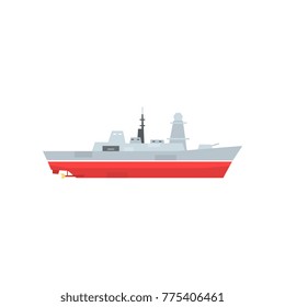 Marineschiff mit Radar und Antenne. Militärboot mit großer Kanone. Großes Armeeschiff. Seitenansicht. Flaches Vektordesign für Aufkleber, Poster, mobile App