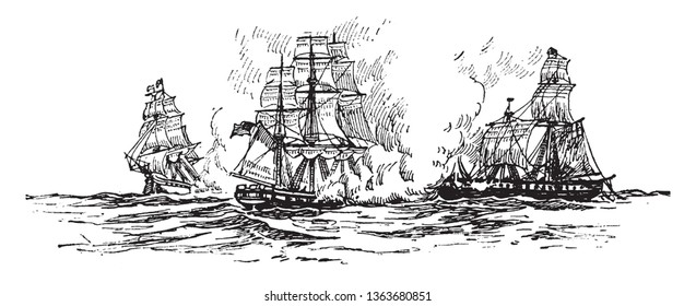 Naval Battle involving fifteen US fleet and light carriers nine Japanese carriers 170 other warships, vintage line drawing or engraving illustration.