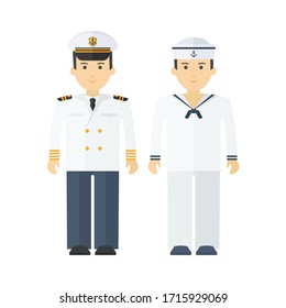 Naval captain and shipboy. Command of military cruiser, a cruise liner. Flat vector cartoon illustration. Objects isolated on a white background.