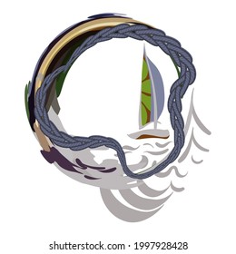 Naval emblem.Sailboat in a circle, waves and sea gear. Embroidery and rope. A trip to the sea. Vacation, vacation on the water on a yacht. A sailing boat.Drawing on fabric, clothing, and paper.