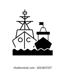 Naval fleet black linear icon. Military force unit. Warships formation in ocean. Warfare ships. Naval squadron. Battleships, cruisers. Outline symbol on white space. Vector isolated illustration