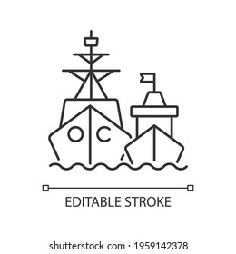 Naval fleet linear icon. Military force unit. Warships formation in ocean. Warfare ships. Thin line customizable illustration. Contour symbol. Vector isolated outline drawing. Editable stroke