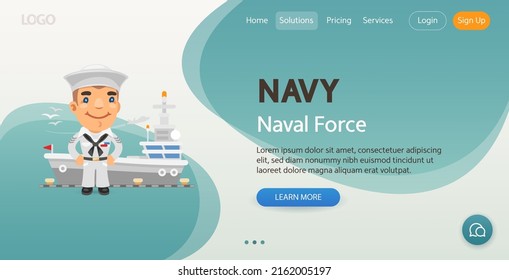 Plantilla del sitio web de la Fuerza Naval. Ilustración de un marinero sonriente en el fondo de un portaaviones. Composición con un hombre profesional. Carácter masculino plano.