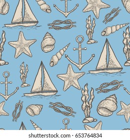 Naval hand drawing seamless pattern. Vintage vector illustration