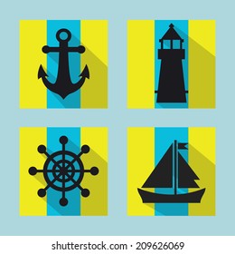 Naval icons set with long shadow - flat design on stripped background