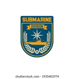 Naval maritime operations chevron of submarine division special squad isolated army officer patch on uniform. Vector navy marine forces chevron with sub boat, windrose and olive oil branches