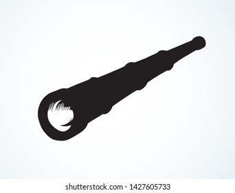 Naval monocular spotting tube device isolated on white background. Dark black ink hand drawn logo emblem pictogram in retro contour engraved print style on paper space for text. Closeup view