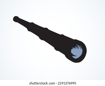 Naval monocular spotting tube device isolated on white background. Dark black ink hand drawn logo emblem pictogram in retro contour engraved print style on paper space for text. Closeup view