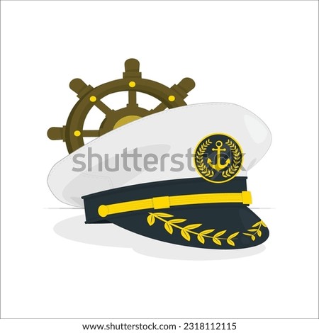 Naval Officer, Admiral, Navy Ship Captain Hat over Ship Steering Wheel on a white background. 3d Rendering. Captain hat icon. Marine hat icon vector. Sea captain's cap. Vintage Captain Hat Sailorman.  Foto stock © 