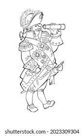 Naval officer, general, admiral of the fleet, 18th century, vector drawing. Uniform with orders and medals, cocked hat with feathers, ribbons and cuffs. Spyglass in hand and sword on the side.