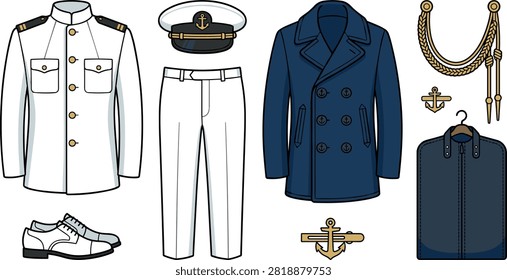 Naval Officer Uniform Icon Set with Captain Hat Dress Jacket Peacoat Shoes and Marine Insignia Elements for Nautical Graphic Designs.eps