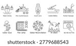 Naval and post conflict icons including naval convoy mine countermeasures aircraft carrier coastal battery ruined cityscape soldier grave memorial pow camp global reconciliation hands air attack missiles and nuclear doomsday big red button.Editable stroke, Vector illustration, Line art Icon, Symbols.