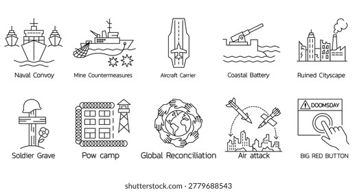 Naval and post conflict icons including naval convoy mine countermeasures aircraft carrier coastal battery ruined cityscape soldier grave memorial pow camp global reconciliation hands air attack missiles and nuclear doomsday big red button.Editable stroke, Vector illustration, Line art Icon, Symbols.