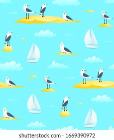 Naval sailing sail boat seamless pattern with sailboat and seagulls seascape fabric or paper print design. Repetitive marine sailboat pattern design with sea birds, clouds and sandbank background