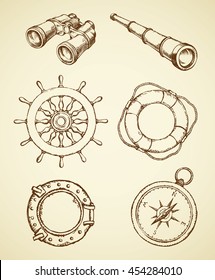 Naval schooner ocular, see spy glass, old shipswheel, frigate scuttle, sos life preserver isolated on white background. Freehand outline ink hand drawn picture sketch in art doodle retro graphic style