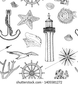 Naval seamless vector pattern set nautical silhouette symbols. Gulls, helm, anchor, light house, coral, shell, wind rose, swellfish, sea star, starfish mussel Ink pen engraved sketch style prints
